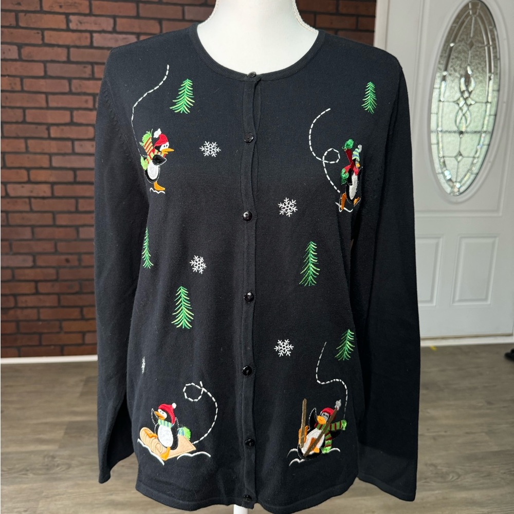 Croft & Barrow Black Penguin Christmas Cardigan‎ Sweater L Cotton Acrylic